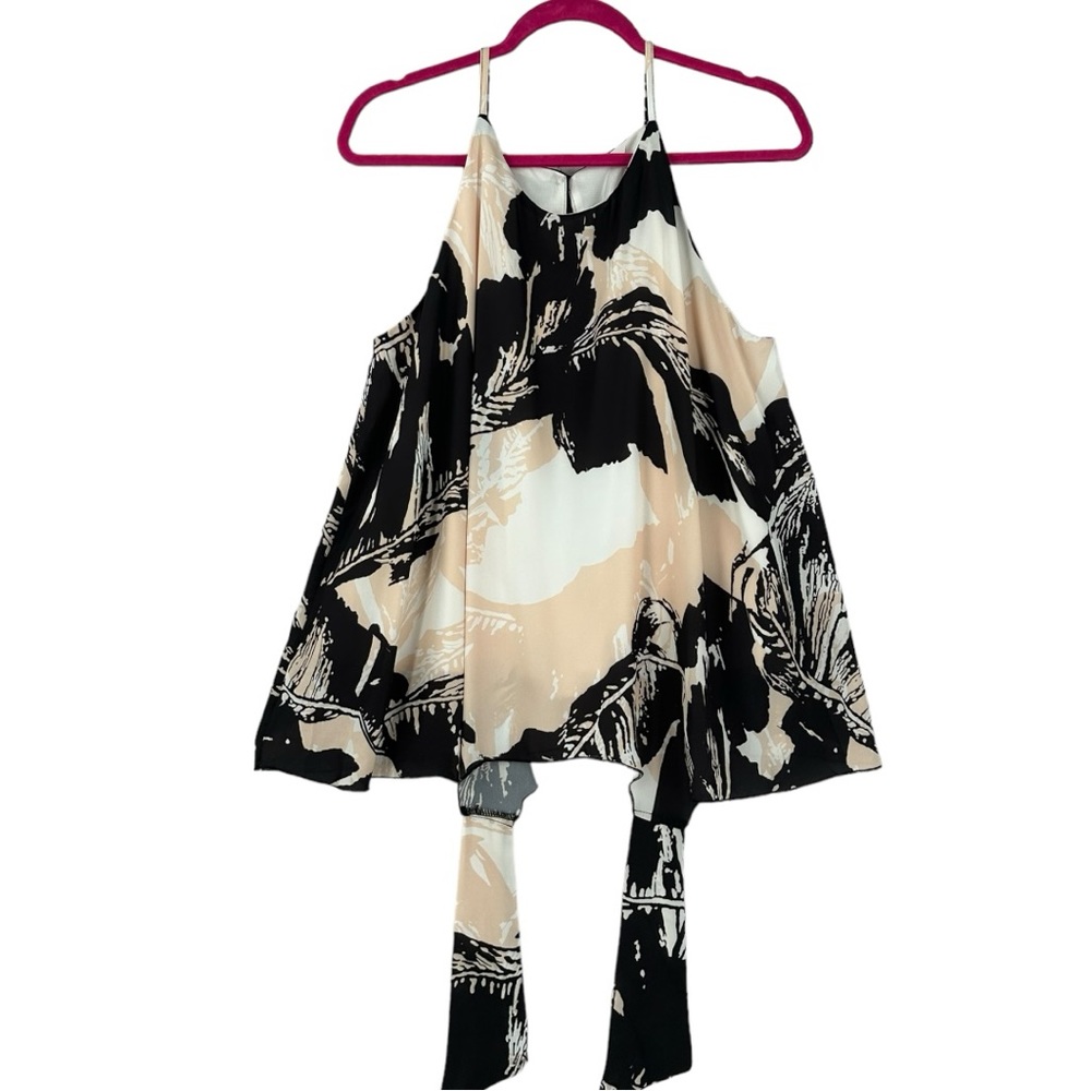 Yesno Women’s Sleeveless Tie-Back Floral Design Blouse Beige/Black/White Size XL
